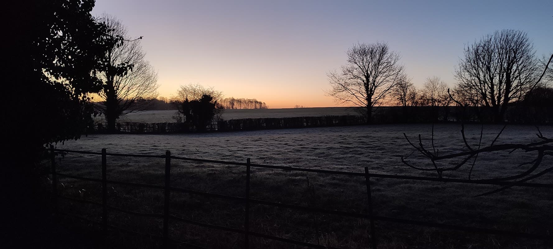 Frosty field at dawn, with bare trees and a fence outlining the landscape under a colorful sky.