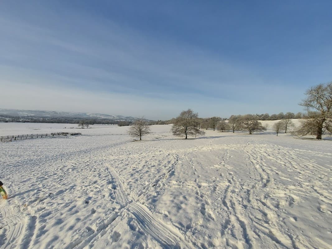 Snow-covered landscape with trees and distant hills under a clear blue sky in Weston, North Yorkshire.