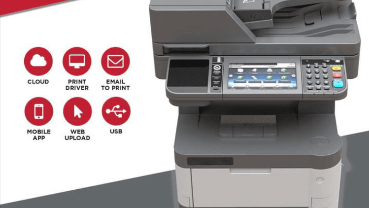 Multifunction printer with options for cloud, mobile app, USB, and web upload, featuring a control panel and touchscreen.