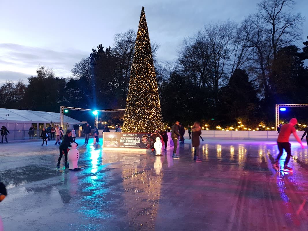 Skaters on an ice rink surrounded by twinkling lights and a large Christmas tree in Yorkshire's Winter Wonderland.