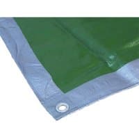 Green Faithfull tarpaulin with silver reinforced edges and metal grommets for securing.