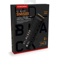 Black SanDisk WD_BLACK SN850X NVMe SSD with heatsink, 2TB capacity, PCIe Gen4, packaged in a black and orange box.
