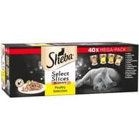 Sheba Select Slices Poultry cat food 40-pack, black box with gold logo and cat image, 85g pouches displayed.