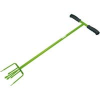Green Draper garden tiller with soft grip handle and four-prong metal fork.