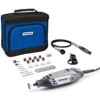 Dremel 3000 rotary tool with gray body, blue accents, accessories, and black carrying case.