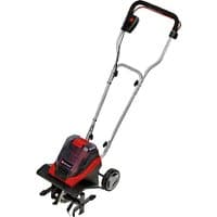 Red and black Einhell cordless tiller with dual wheels, ergonomic handle, and visible tines.