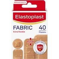 Elastoplast Fabric Assorted 40 Plasters box, red logo, beige plasters, extra flexible, bacteria shield label.