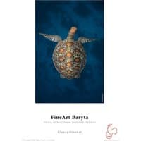 Hahnemühle FineArt Baryta paper with turtle design, glossy finish, 325gsm, white border, blue background.