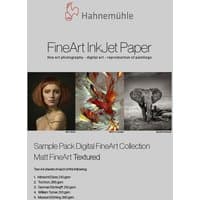 Hahnemühle Sample Pack Matt FineArt Textured paper, 10 sheets, featuring artwork images and product details on cover.