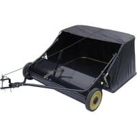 Black Handy THTLS38 38" towed lawn sweeper with yellow wheels and adjustable hitch for easy attachment.