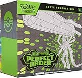 "Pokémon TCG Elite Trainer Box with green and gray design, featuring a geometric creature and 'Perfect Order' text."