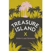 "Treasure Island book cover, yellow and black with palm trees and bold white title text by Robert Louis Stevenson"