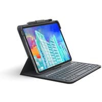 Charcoal ZAGG Messenger Folio 2 with QWERTY keyboard, Bluetooth, and tablet stand in use.