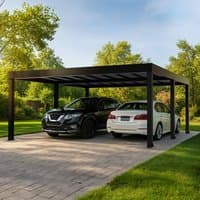 Black metal double carport with flat roof and open sides, covering two cars on a paved driveway.