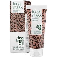 Face mask tube with leaf pattern, 100ml, tea tree oil, next to matching box, by Australian Bodycare.