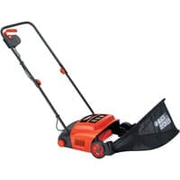 Black + Decker GD300 lawnraker with orange and black design, 300mm width, ergonomic handle, and rear collection bag.