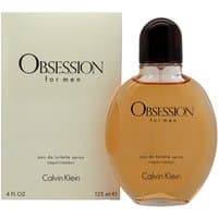 Amber oval bottle of Calvin Klein Obsession for Men Eau de Toilette, 125ml, with black cap and cream box.