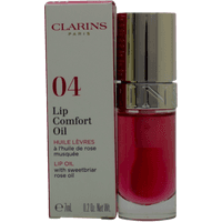 Clarins Lip Comfort Oil #04 Pitaya, 7ml, bright pink liquid in clear bottle with silver cap, next to branded box.