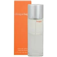 Clinique Happy perfume, 50ml clear bottle with silver cap, orange box with white text.