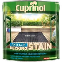 Cuprinol Anti-Slip Decking Stain Black Ash 2.5L, green can with deck image, hard-wearing, weather protection.