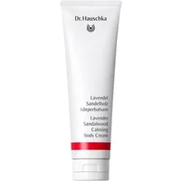 White tube of Dr Hauschka Lavender Sandalwood Calming Body Cream, 145ml, with red accent and black text.