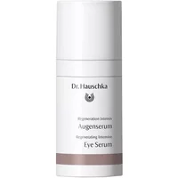 White cylindrical bottle of Dr Hauschka Regenerating Intensive Eye Serum with a silver band and logo.