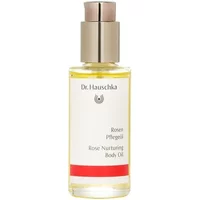 Clear glass bottle with gold cap, Dr Hauschka Rose Nurturing Body Oil label, red accent, 75ml.