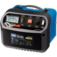Blue and black Draper 10-14Amp 12/24V battery charger with analog display, switches, and carrying handle.
