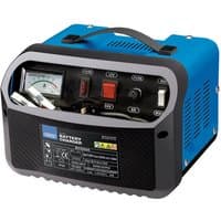 Blue Draper 12/24V 120-350A battery charger with black front panel, analog gauge, and carrying handle.