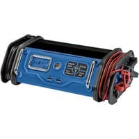 Blue Draper 12V 30A battery starter/charger with digital display, control buttons, and attached red and black cables.