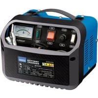 Blue and black Draper 16-20Amp 12/24V battery charger with analog gauge, switches, and carrying handle.