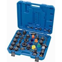 Blue Draper 33-piece radiator and cap pressure test kit in a hard case with various adapters and a pressure gauge.