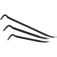 Black Draper 3 Piece Demolition Bar Set with angled claw ends and flat chisel tips in varying lengths.
