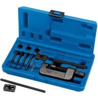 Blue plastic case with Draper Expert motorcycle chain splitter and riveter kit, including multiple metal components.