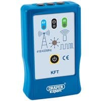 Blue Draper Expert Vehicle Key Fob Tester with RF and IR indicators, power button, and frequency symbols.