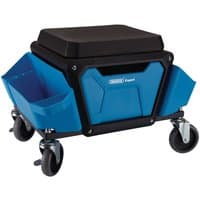 Blue Draper Expert work stool with black cushioned seat, side tool trays, and four swivel casters.