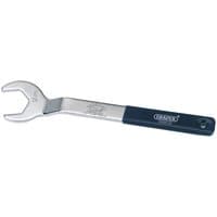 Silver Draper 36mm fan nut wrench with open-end design, blue handle, and engraved measurements.