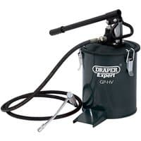 "Draper GP-HV High Volume Hand Grease Pump, dark green with black handle, hose, and metal nozzle attachment"