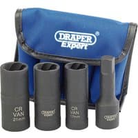Draper 4-piece black impact socket set with blue carrying pouch, includes 21mm, 19mm, 17mm sockets and extension bar.