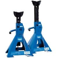 Blue Draper pneumatic ratcheting axle stands, 3-tonne capacity, with triangular base and adjustable height mechanism.