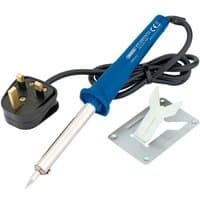 Blue-handled Draper soldering iron (40W) with a pointed tip, UK plug, and metal stand.
