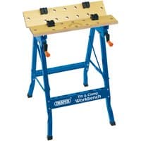 Blue Draper Tilt & Clamp Fold Down Workbench with wooden top, black clamps, and orange handles, 600mm size.