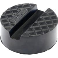 Large black rubber pad for trolley jack with textured surface and central groove, branded with Draper logo.