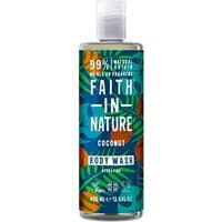 Faith In Nature Coconut Body Wash, 400ml bottle with tropical leaf design and white cap.