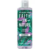 Faith in Nature Lavender & Geranium Shampoo 400ml, purple liquid in a clear bottle with green leaf design.