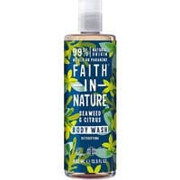 Faith In Nature Seaweed & Citrus Body Wash, 400ml, blue bottle with green and yellow leaf design, white cap.