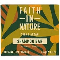 Faith in Nature Shea & Argan Shampoo Bar, green and orange leaf design, 85g, for dry hair.