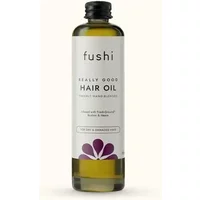 Fushi Really Good Hair Oil 100ml in a clear bottle with black cap, white label, and purple flower design.