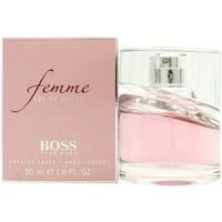 Hugo Boss Femme Eau de Parfum 50ml, clear round bottle with pink liquid, next to pink box with elegant script.