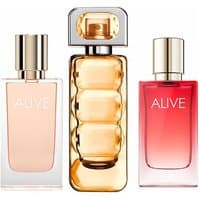 Hugo Boss Trio Women's Perfume Bundle with rectangular bottles; pink, amber, and red hues; silver caps.